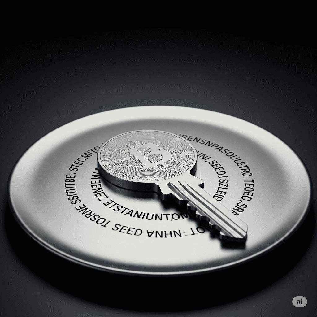 Guía sobre la autocustodia de Bitcoin, con una imagen de una llave con el logo de Bitcoin sobre una placa de metal con una frase semilla.