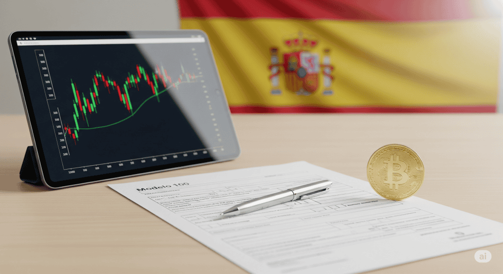 Guía sobre la fiscalidad de Bitcoin y criptomonedas en España, con una imagen de un formulario de impuestos, una calculadora y una moneda de Bitcoin.