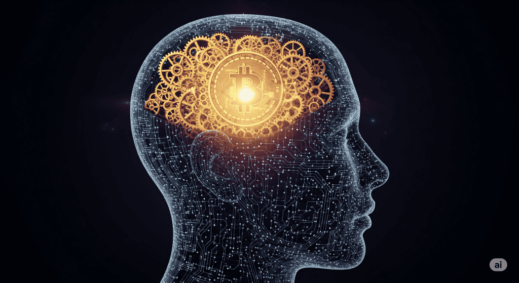 Guía completa para entender Bitcoin desde cero, con la imagen de una cabeza con engranajes y un logo de Bitcoin brillante en su interior.